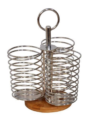Flatware holder heavy gauge chrome wire 3-slot bamboo base kitchen deco 7x7x9.5 for sale