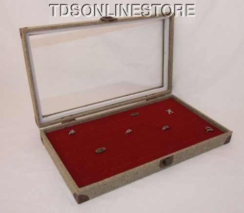 Burlap Covered Glass Top Jewelry Display Case For 72 Rings Red Insert