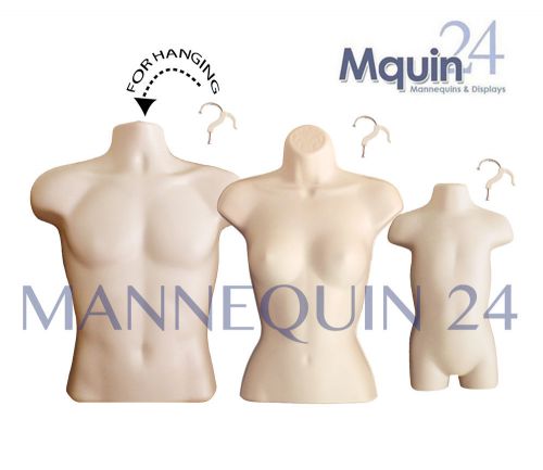 A SET OF 3 FLESH MANNEQUINS: MALE, FEMALE &amp; TODDLER BODY FORMS + 3 HANGING HOOKS