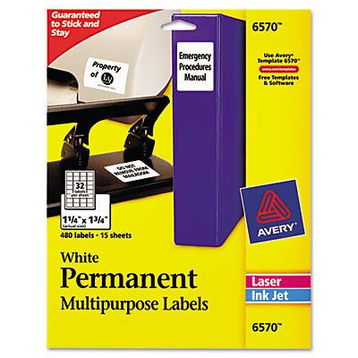 Permanent ID Labels, Laser/Inkjet, 1 1/4 x 1 3/4, White, 480/Pack 6570