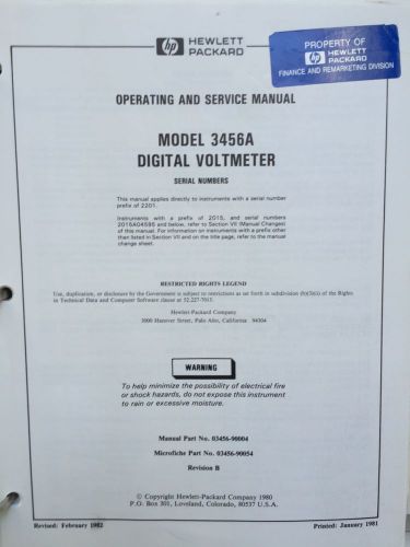 HP 3456A Digital Voltmeter Operating &amp; Service Manual P/N 03456-90004