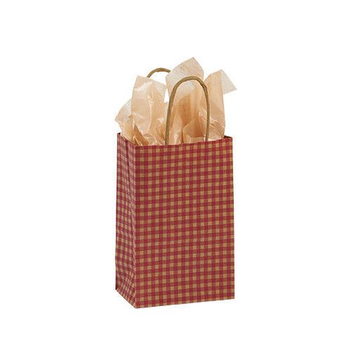 Count of 100 Small Red Gingham Paper Shopping Bag 5  1/4 ” x 3  1/4 ” x 8  3/4 ”