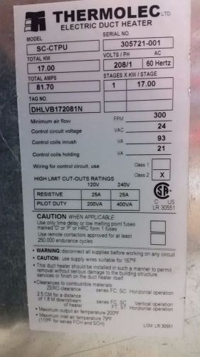 Thermolec, flanged duct heater, 17.0kw 208v 1 phase 81.7 amps for sale