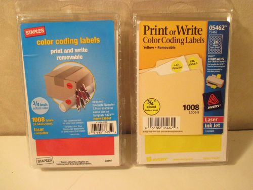2 AVERY Print or Write Color Coding Labels~Red &amp; Yellow 3/4&#034; Round~1008 Label/Pk
