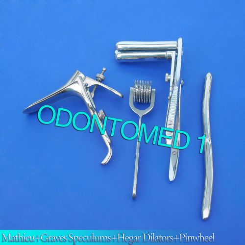 Mathieu Speculum+ Hegar Dilator +7 Prong Pinwheel &amp; Graves Speculums Small
