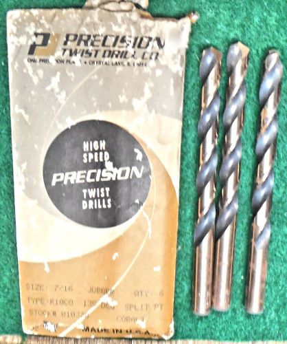 Vintage precision twist drill set of 3,  cobalt jobber , 7/16&#034; made in usa for sale