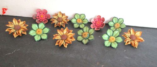 Eleven, metal,enameled, flower-shaped push pins, 2&#034; each, green, pink, &amp; yellow for sale
