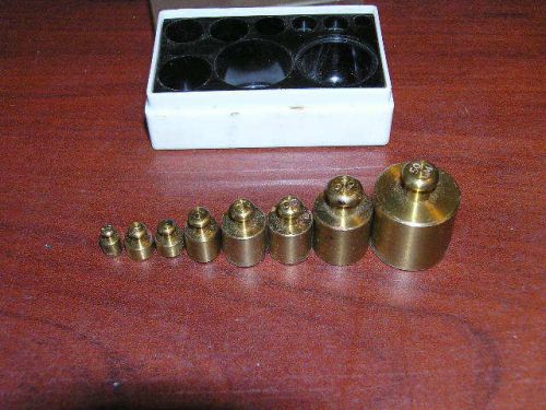 Lot Of 8 Vintage Brass Calibration Weight Set W/Case 1g -50g unknown maker