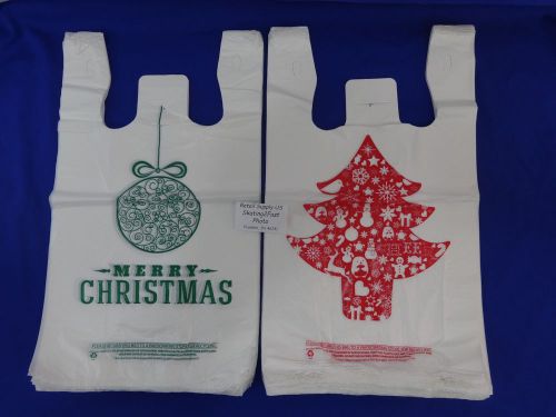 200 Christmas Tree &amp; 200 Green Holiday Ball Plastic T-Shirt Bags Handles
