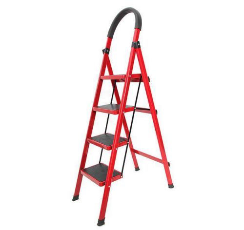 4 Steps Folding Aluminum Step Ladder with Long Handrail Rubber Feet ABS Plastic
