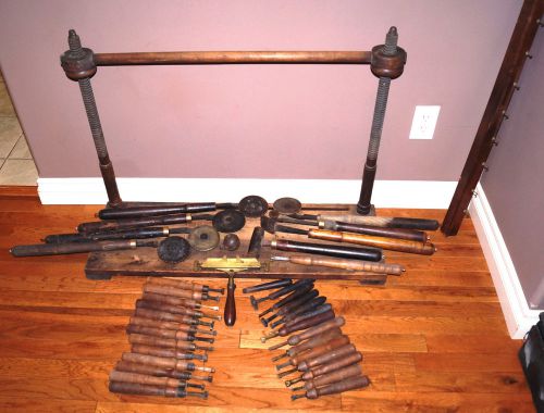 Fine 1800&#039;s bookbinding sewing frame &amp; gilding leather work with 36 hand tools for sale