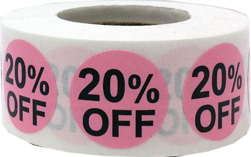 20% Percent Off Stickers - Pink and Black 3/4&#034; .75 Round Self Adhesive Labels...