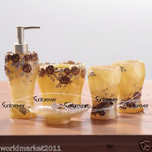 Golden Rose 5-in-1 Soap Dish/2 Tooth Mugs/Emulsion Bottle/Toothbrush Holder