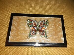 Elegant Butterfly Business Card Holder~ Metal w/ Rhinestones &amp; Pearlescent Swirl