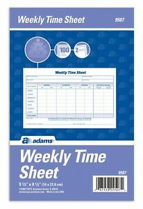 Adams Weekly Time Sheet, 1-Part, 5.5 x 8.5 Inches, Blue/White, 100 Sheets Per...
