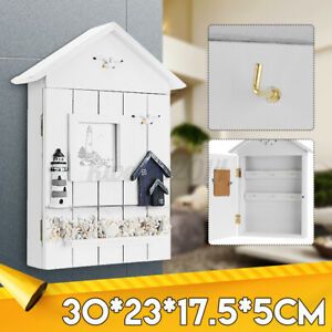 Locking Wooden Dorm Lock Wall Mount 6 Key Hooks Cabinet Box White