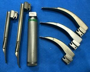 6pc Rusch FO Laryngoscope Set w Emerald Blades &amp; Spex Handle Mill Mac 2 3 4 F/qz