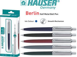 6 X Hauser Germany Berlin Half Metal Body Chrome Trim Ballpoint Pens, Blue Ink