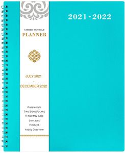 2021-2022 Monthly Daily Planner 18-Month with Tab Large Blue with Label, Pocket