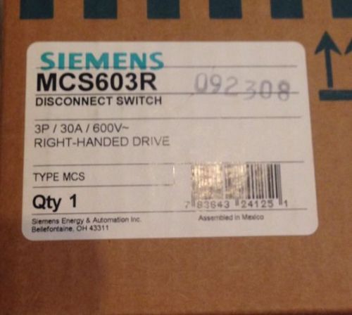 NEW NEW Siemens MCS603R Safety Switches 30A DISCONNECT 600V RIGHT OPERATION NIB