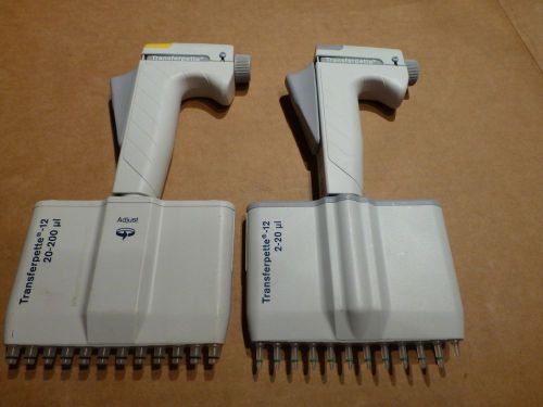 set of 2  BRAND Transferpette 12 channel adjustable pipettes 2-20uL &amp;  20-200uL