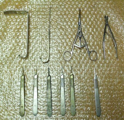 Lot of 10 Surgical Instruments: 6 Knife Handles &amp; 4 Various Instruments