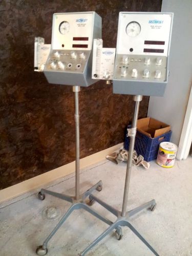 Lot of 2 sechrist iv-100b infant ventilators &amp; oxygen mixers on wheels untested for sale