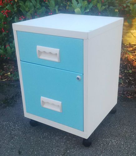 Fabulous Funky Modern White &amp; Bright Blue Two Drawer Filing Cabinet on Castors