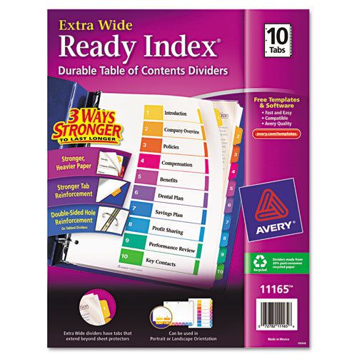 Extra-Wide Ready Index Dividers, 10-Tab, 9 1/2 x 11, Assorted, 10/Set