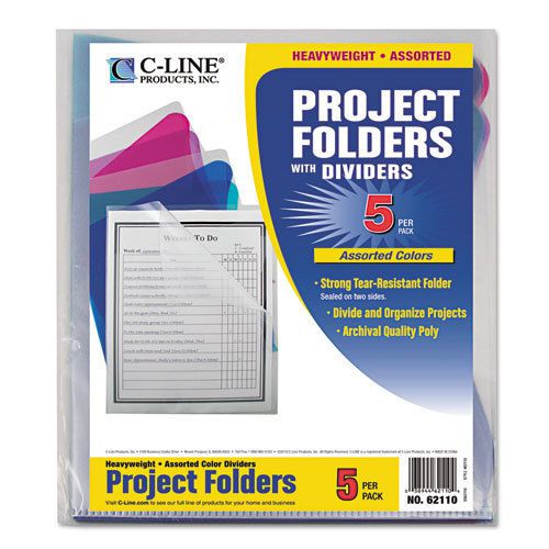 Project folders with dividers, letter, 1/3 tab, clear/colored, 5/pk for sale