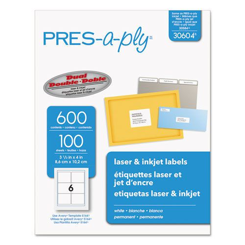 Pres-A-Ply Laser Address Labels, 3-1/3 x 4, White, 600/Box