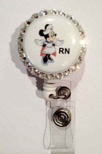 Minnie Mouse Nurse RN ID Badge/holder Retractable Reel W/Swarovski Crystals