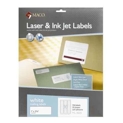 Chartpak Label Laser/Ink Jet White 1&#039;&#039; x 2-5/8&#039;&#039; 30/Sheet 750 Count