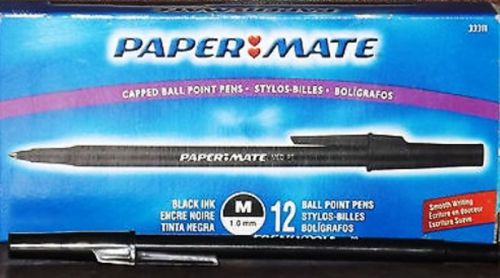 1 BOX OF 12 NEW PAPER-MATE BLACK INK CAPPED BALL POINT PEN #33811 NEW IN BOX