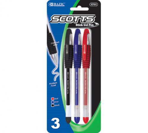 BAZIC Scotts Assorted Color Gel-Pen w/ Grip (3/Pack), Case of 12