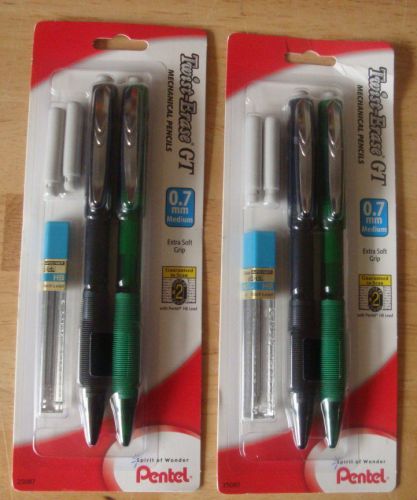4 PENTEL 0.7mm Twist-Erase GT Mechanical Pencils * Green &amp; Black Barrels