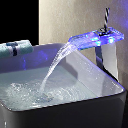 Modern LED Tall Single Lever Waterfall Vessel Sink Faucet Tap Free Shipping