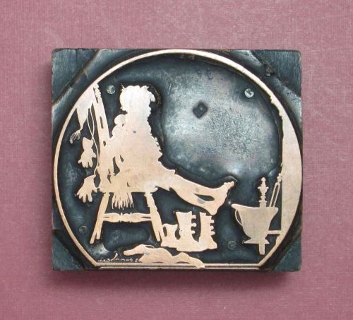 Young Boy or Girl Warming Up By Fireplace Image Letterpress Printing Print Block