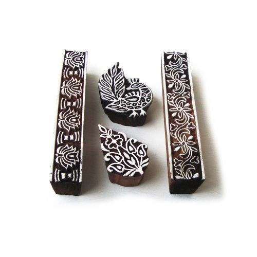Mix hand carved floral &amp; peacock designs wooden printing blocks (set of 4) for sale