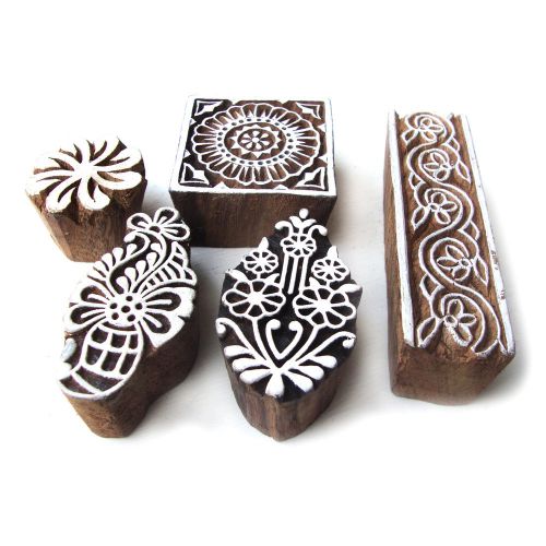 Floral Motifs Hand Carved Wooden Block Printing Tags from India (Set of 5)