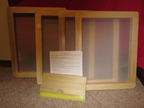 Lot of 4 wood framed screen printing screens, 1 squeegee all appear unused for sale