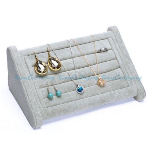 Luxurious Necklace Pendant Earrings Ring Jewelry Display Grey Suede Stand Holder