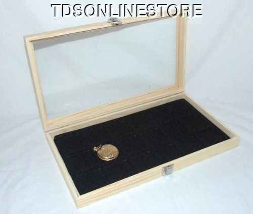 NATURAL WOOD POCKET WATCH/ JEWELRY 18 SLOT GLASS TOP DISPLAY
