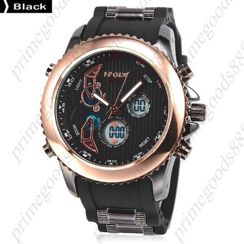 Two Time Zone Zones Silicone Date Digital Analog Men&#039;s Wristwatch Bronze Black