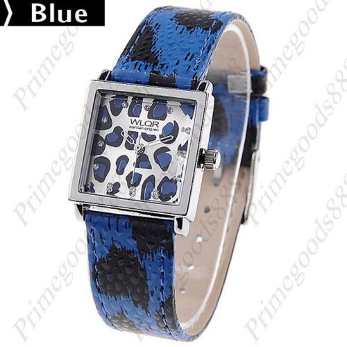 Square Panther Wrist Leather Analog Lady Ladies Quartz Wristwatch Women&#039;s Blue
