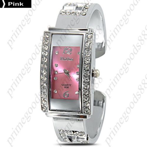 Oblong Rhinestones Alloy Bracelet Bangle Lady Ladies Wristwatch Women&#039;s Pink