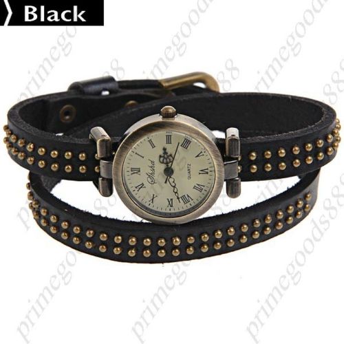 PU Leather Quartz Analog Wrist Bracelet Watch Bangle Wristlet with Rivet Black