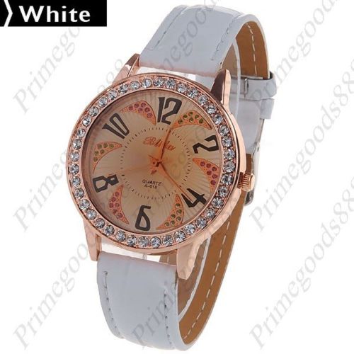 Round Rhinestone PU leather Quartz Lady Wrist Ladies Wristwatch Women&#039;s White