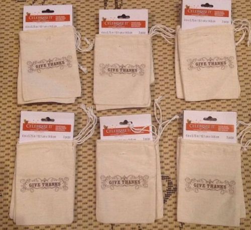 Lot Of 17 &#034;Give Thanks&#034; Linen Color Drawstring Pouch Gift Bags 4x6 Inch