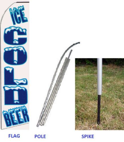 Ice Cold Beer blue white 16&#039; TALL w/ pole &amp; spike TALL BOW SWOOPER FLAG BANNER